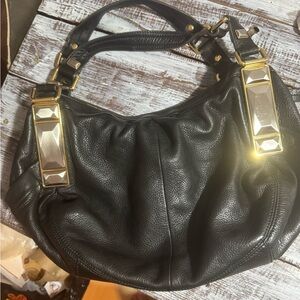 b. makowsky Black Hobo Bag with Gold Accents
